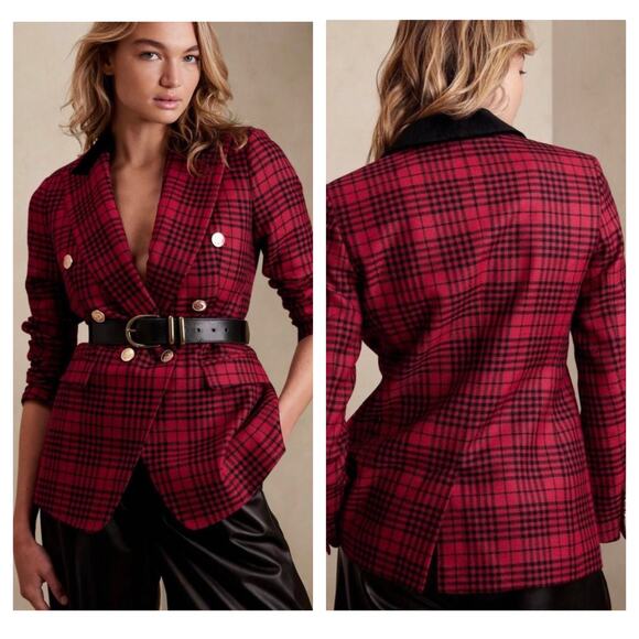 Banana Republic Red Plaid Captains Blazer Size 12/ Large Wool Sculptured Preppy